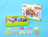 Photo de la boite et du contenu du set Magnetic numbers + letters de Lelin en vente d'occasion sur L'île aux trésors.